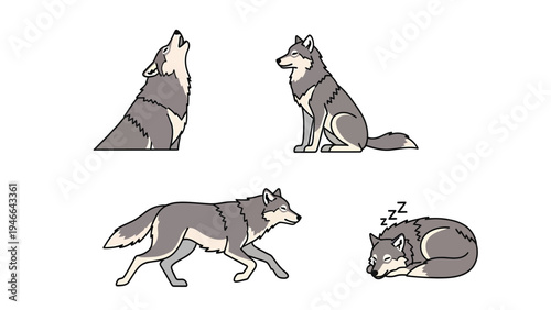 Pixel Art Gray Wolf Poses Set: Howling, Sitting, Walking, Sleeping Wildlife Illustrations