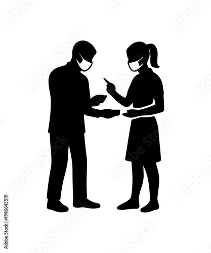 Man woman communicating safely wearing medical masks