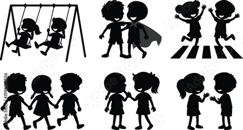 Happy children friendship silhouette set, kids playing swing superhero crossing street talking black vector isolated illustration collection