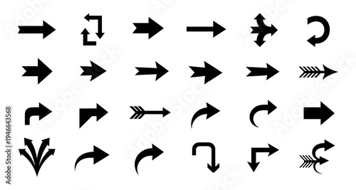 Collection of various black arrow icons on white background