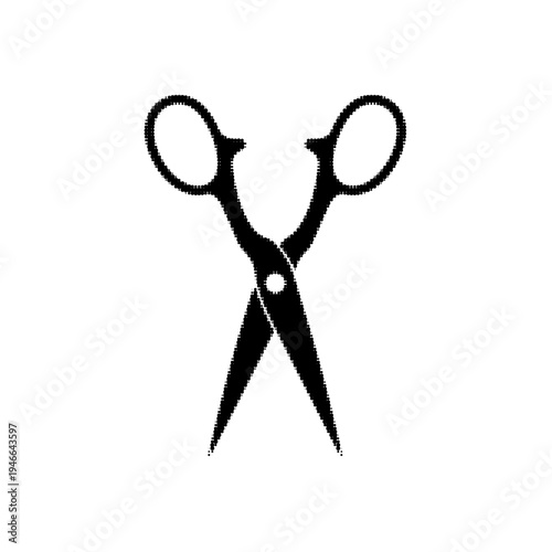 Scissors icon in halftone engraving style. Simple cutting tool illustration representing haircut, tailoring, craft, barber service, and office supply isolated on light background.