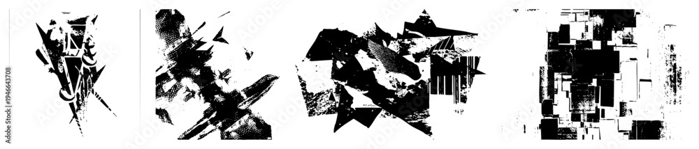 Obraz premium Dynamic collage of fractured shapes, halftone textures, glitch art fragments, graphic design elements, stark composition.