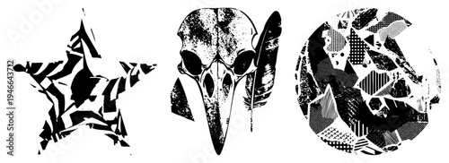 Black/white vector art fractured star, stylized bird skull with feather, halftone mosaic. High contrast, punk, fragmented design.