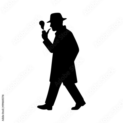 Detective silhouette walking contemplating mystery with smoking pipe