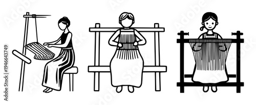 Weaver's loom pictogram set with minimalist design featuring person, loom, textile craft symbol with bold lines and white background