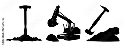 Sledgehammer set with solid black silhouette and clean sharp edges featuring heavy, demolition, construction with silhouette and black