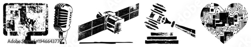 Retro microphone, satellite dish, judicial gavel, circuit board heart stylized black vector with grunge texture. Retro tech, legal symbol, digital love, space communication.