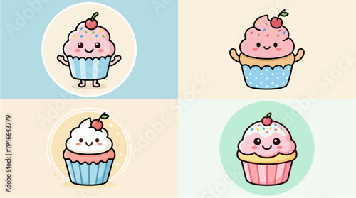 An adorable collection of sweet cartoon cupcakes, each featuring playful details like sprinkles and cherries, embodying pure joy and deliciousness in a charming dessert illustration style