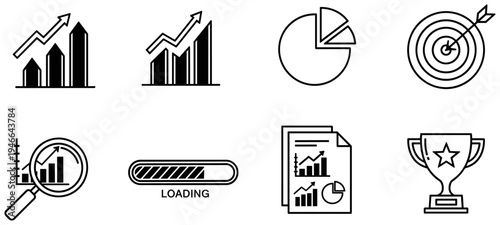 Business analytics icon set featuring charts, targets, reports, trophies, and data visualization symbols for performance, growth, and success