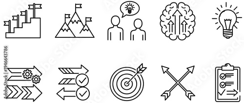 Business strategy icon collection featuring goals, collaboration, creativity, planning, innovation, workflow, achievement, and organizational success concepts