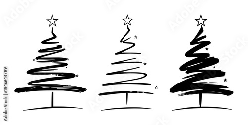 Christmas tree set with minimalist black brushstroke design featuring stylized zig‑zag squiggle, star elements and continuous line composition with bold star topping and modern aesthetic