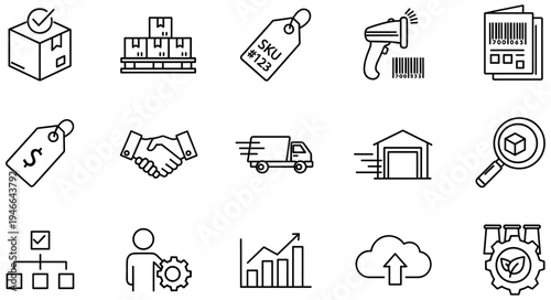 Logistics and supply chain vector line icons set featuring warehouse, delivery truck, inventory management, barcode, analytics, and business operations