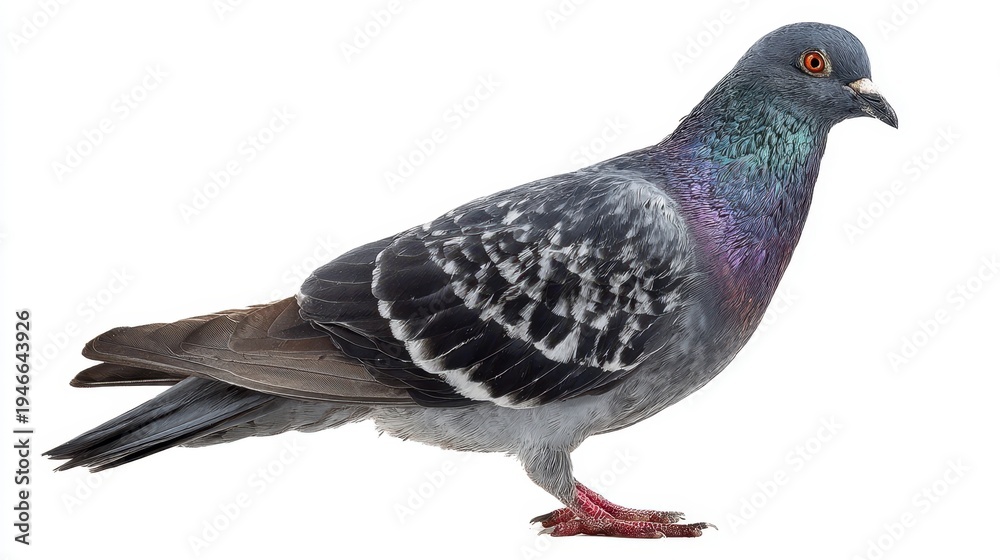 Fototapeta premium The Rock Pigeon Standing Isolated on White Background Displaying Iridescent Plumage Details