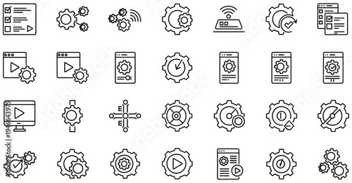 Black and white line icons illustrating settings, configuration, system management, customization, gears, sliders, mobile devices, computer screens, and network tools