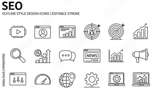 Black and white outline icons illustrating SEO, search engine optimization, analytics, ranking, marketing, communication, global reach, and digital growth concepts