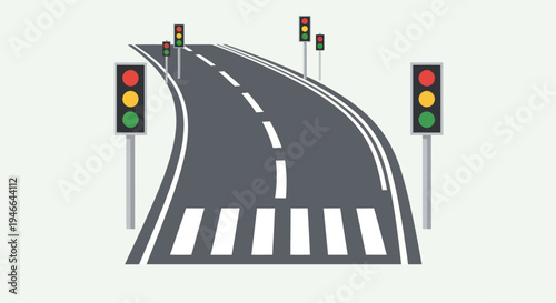 Curved Road with Traffic Lights and Crosswalk.