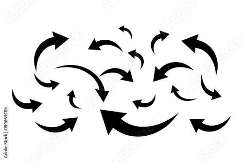 A collection of black arrows pointing in various directions on a white background