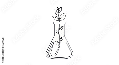 Simple Line Drawing of Erlenmeyer Flask with Sprouting Plant.