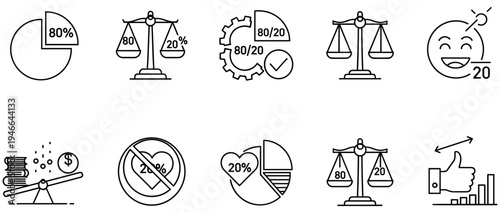 Set of Pareto Principle Icons Representing 80/20 Rule Productivity Business Efficiency Time Management Work Life Balance Optimization and Success Strategy Analytics Graphics