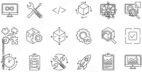 Comprehensive Set of Software Development Icons Featuring DevOps Automation Engineering Agile Workflow Tools Systems Integration and Digital Transformation Process Optimization Graphics