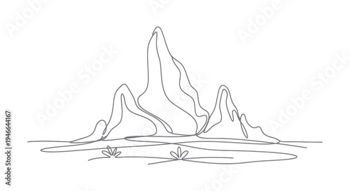 Simple Line Drawing of Mountain Landscape.