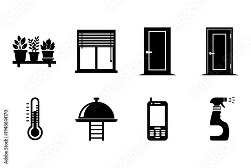 Collection of home and technology icons in black and white