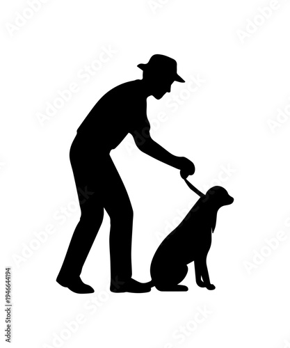 Old man walking dog on leash silhouette