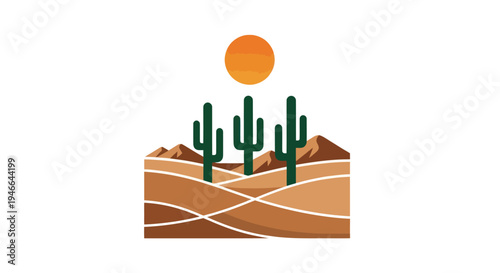Cacti in Desert Landscape with Sun.