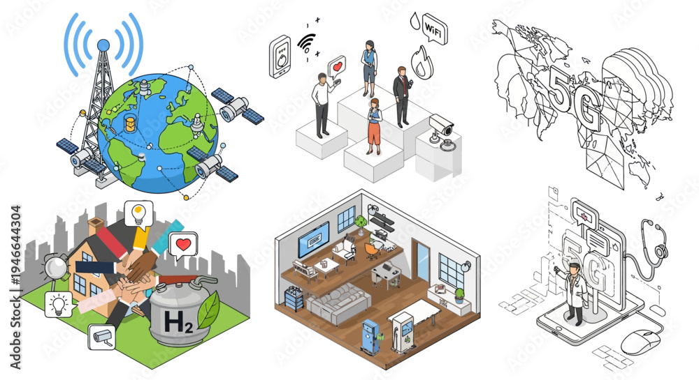 Obraz premium Global Business Network and Communication Isometric Vector Illustration World Technology Connection Concept