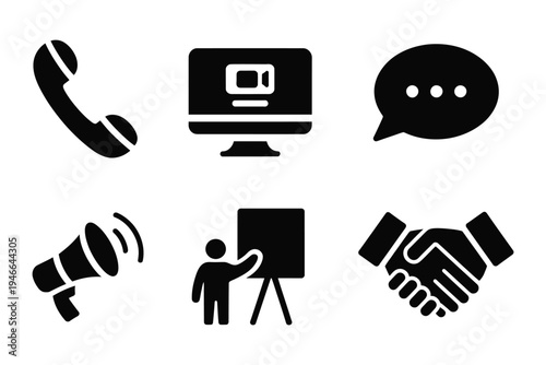 Office communication icons, solid icon pack with filled style, including phone call, video conference, chat, email, announcement