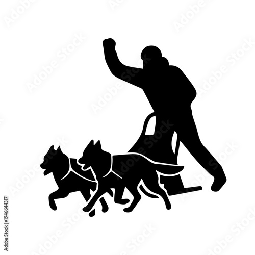 Silhouettes mushers driving dog sled team in a winter race or training