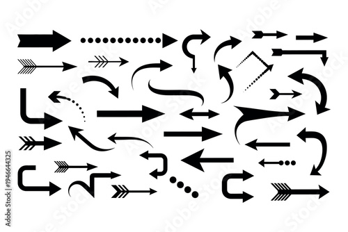 Collection of various black arrows on white background for design and directional indicators