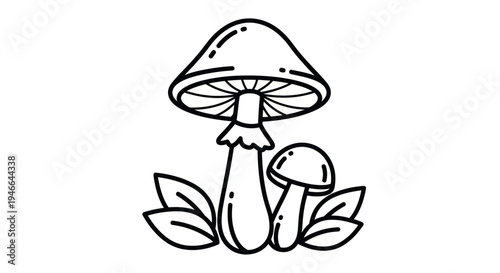Black and White Mushroom Illustration with Leaves.