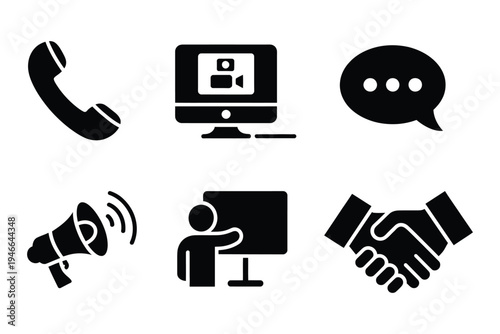 Office communication icons, solid filled icon set of phone call, video conference, chat, email, announcement, feedback, and presentation, vector symbols