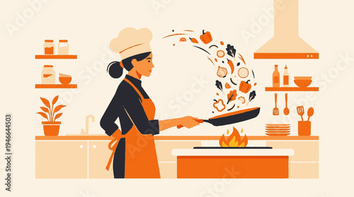 Female chef tossing fresh colorful vegetables in a hot frying pan in a modern kitchen, illustrating healthy cooking and culinary art.