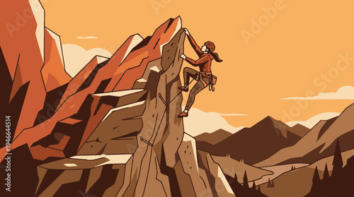 Adventurous Person Rock Climbing a Steep Mountain Cliff, Illustrative Vector Art of Challenge and Overcoming Obstacles