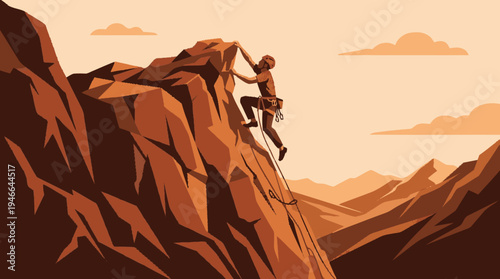 Man rock climbing a steep mountain face, adventure and challenge concept in a stylized vector illustration