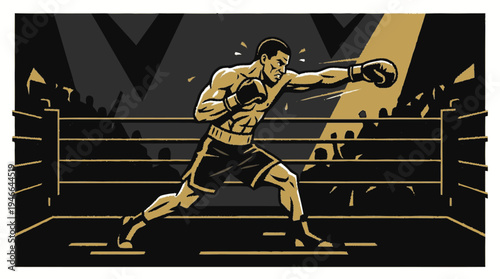 Dynamic Male Boxer Throwing a Powerful Punch in the Ring - Stylized Illustration of a Fighting Athlete