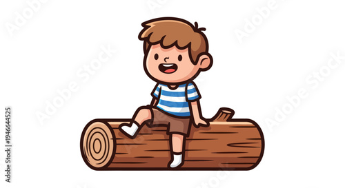 Cartoon Boy Sitting on Log Smiling.