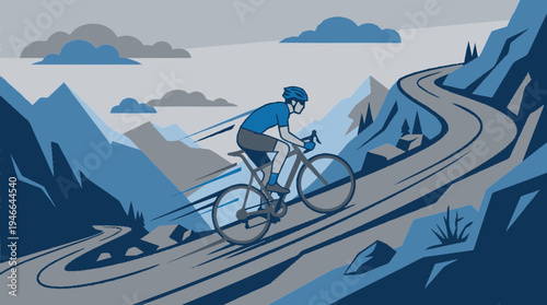 Dynamic vector illustration of a cyclist on a road bike traversing a winding mountain road, outdoor athletic pursuit
