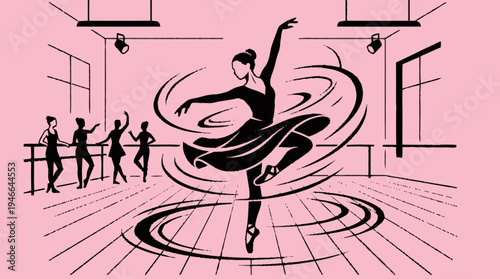 Graceful ballerina performing a dynamic pirouette in a dance studio, black silhouette on pink background, with students practicing.