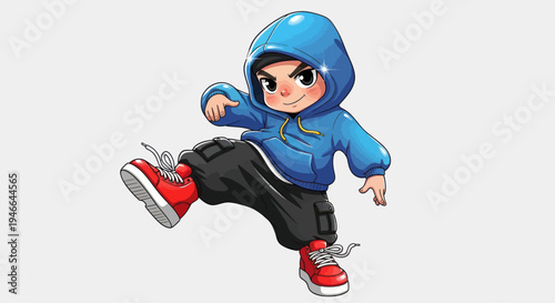 Cartoon Boy Wearing Blue Hoodie and Red Shoes.