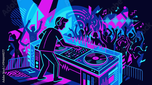 Vibrant neon illustration of a DJ mixing music at a lively dance party with clubbers and electronic light effects