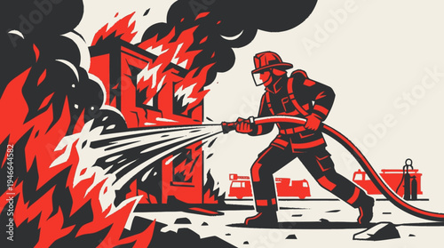 Brave firefighter in uniform actively battling a raging building fire with a powerful hose stream, emergency rescue operation, graphic vector illustration.