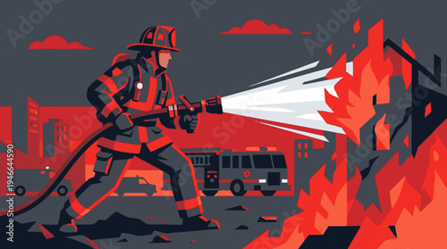 Professional Firefighter in Protective Gear Fighting a Building Fire in the City with a Hose. Emergency Illustration.
