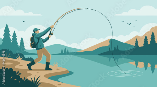 Outdoor leisure: man actively fishing with a rod and reel from a tranquil lake shore, surrounded by scenic mountains and forest.