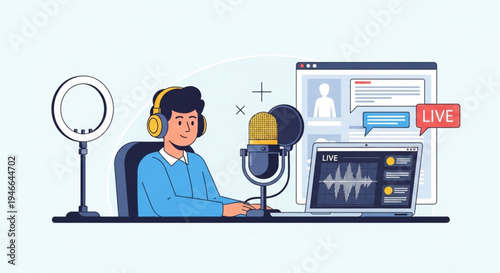Live Podcast Recording Workspace with Male Host and Audio Microphone – Online Radio Concept Vector