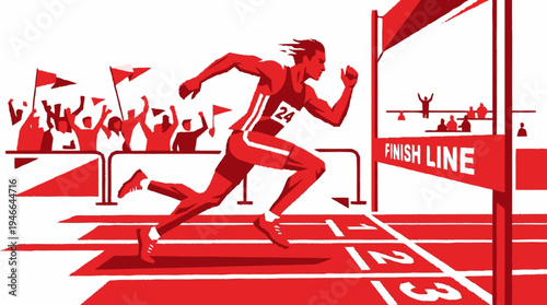 Dynamic male athlete sprinting to the finish line in a competitive track race, with a cheering crowd in the background.