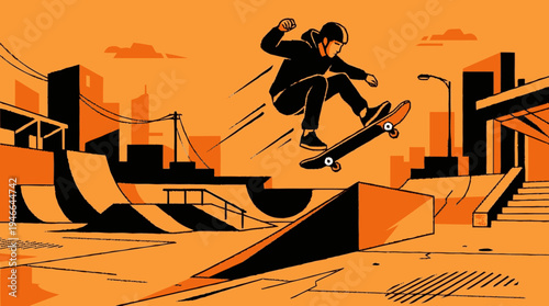 Dynamic Skater Performing Jump Trick in Urban Skatepark Illustration. Young Person on Skateboard Enjoying Extreme Sport Activity.