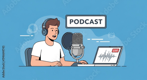 Professional Podcast Host Recording Episode with Studio Microphone – Audio Broadcasting Vector